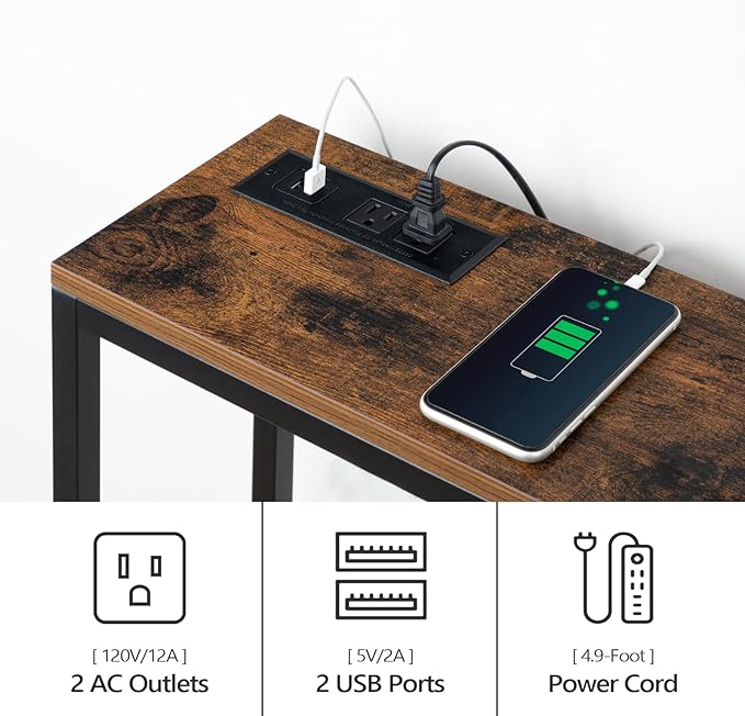 70.9'' Console Table with Power Outlet, Narrow Sofa Table, Industrial Entryway Table with USB Ports, Behind Couch for Entryway, Hallway, Foyer, Living Room, Rustic Brown CTHR18E01Z1