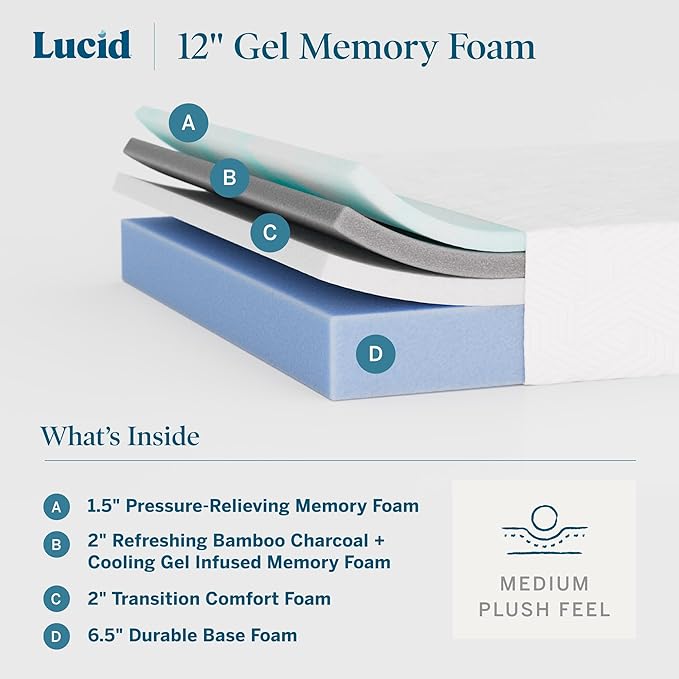 Lucid 12 Inch Memory Foam Mattress - Medium Plush Feel - Infused with Refreshing Bamboo Charcoal and Cooling Gel - Bed in a Box - Temperature Regulating - Pressure Relief - Breathable - Twin Size