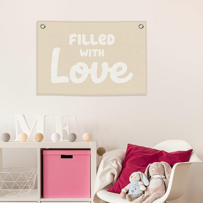 Nursery Kids Banner Canvas, Boho Beige Toddler Room Decor, Filled with Love Hanging Flag Sign, Inspirational Wall Tapestry Art for Baby Shower Classroom Playroom Bedroom Decor 20x30in