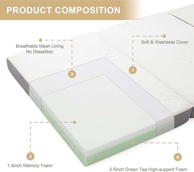 Folding Memory Foam Mattress, 4" Tri-fold with Breathable Washable Bamboo Fiber Cover, Foldable Guest Bed for Camping, Road Trip, Queen
