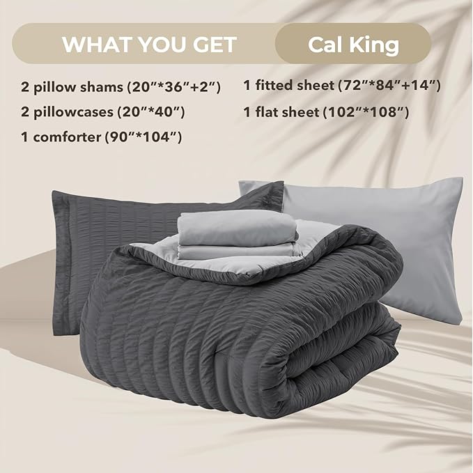 HYMOKEGE Dark Grey/Light Grey California King Comforter Set Seersucker 7 Pieces, All Season Luxury Bed in a Bag for Bedroom, Bedding Set with Comforter, Sheets, Pillowcases & Shams