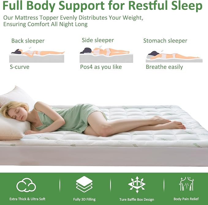 Bioeartha Cooling Mattress Topper Twin – Extra Soft Pillow Top Mattress Pad, Breathable Viscose Made from Bamboo Mattress Protector for Back Pain Relief, Deep Pocket Cover Fits 8–21 Inch