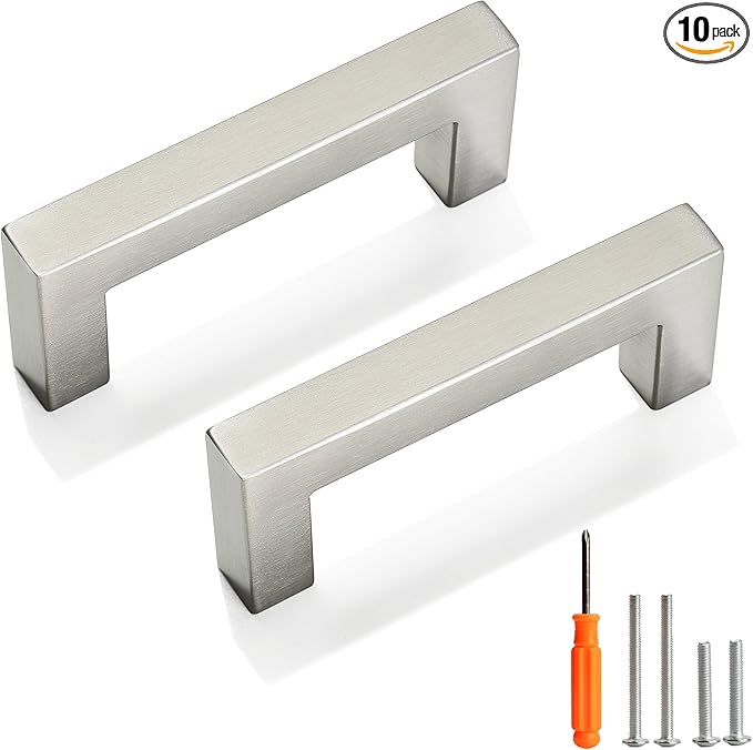 Cabinet Pulls Brushed Nickel Cabinet Handles Square Drawer Pulls, 10 Pack 3 Inch Stainless Steel Kitchen Door Cupboard Cabinet Handles, Cabinet Hardware Drawer Handles, 76mm Hole Centers