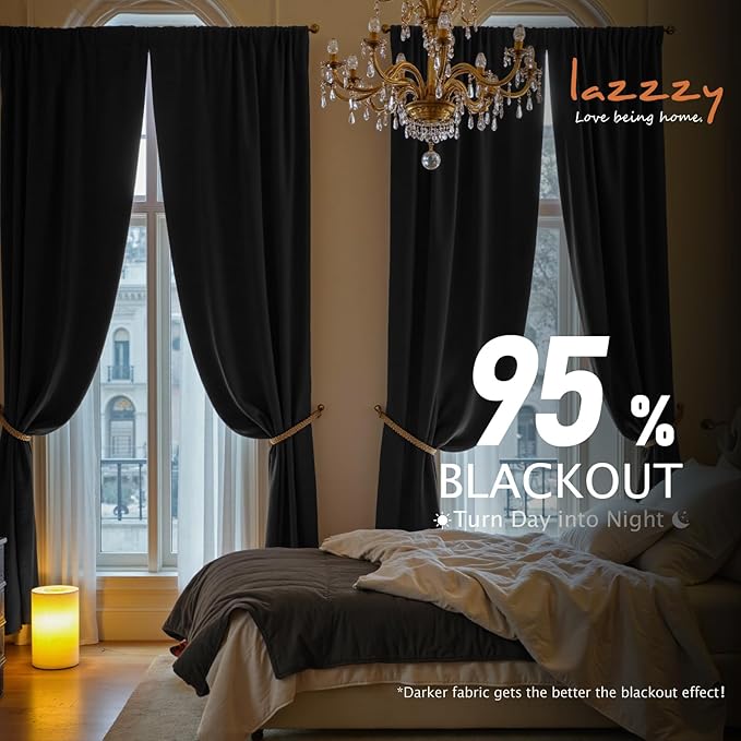 Lazzzy Velvet Blackout Curtains Thermal Insulated Room Window Drapes Super Soft Luxury Curtains for Living Room Bedroom Rod Pocket 2 Panels, Black, 42" W x 90" L