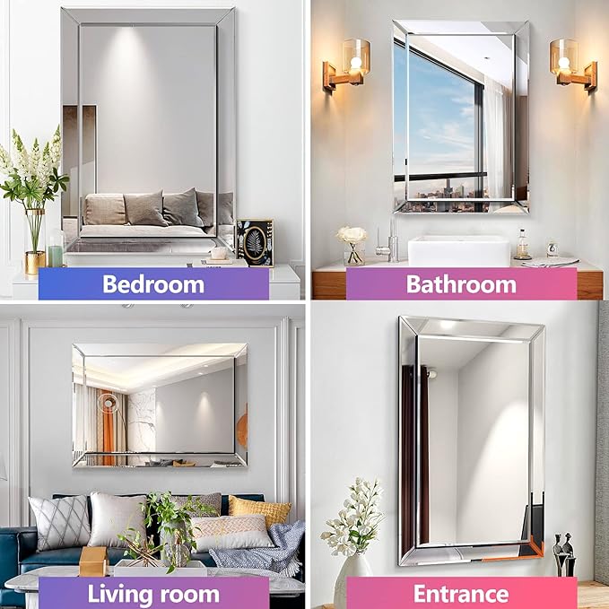 Pregaspor Wall Mirror for Bathroom, 24" x 36" Rectangular Frameless Vanity Mirror, Polished Beveled for Over Sink