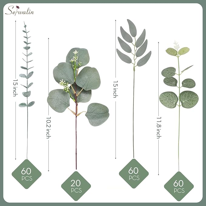 Serwalin 200pcs Artificial Mixed Eucalyptus Leaves Stems Bulk, 4Kinds Silver Dollar Eucalyptus Leaves Picks,Faux Eucalyptus Stems Sprays for DIY Bouquets Floral Arrangement Home Decor
