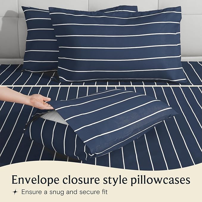 LuxClub 4 PC King Size Sheet Set Bed Sheets, Breathable Luxury Deep Pockets Wrinkle Free Cooling Sheets Machine Washable Hotel Bedding (King, Striped Navy)