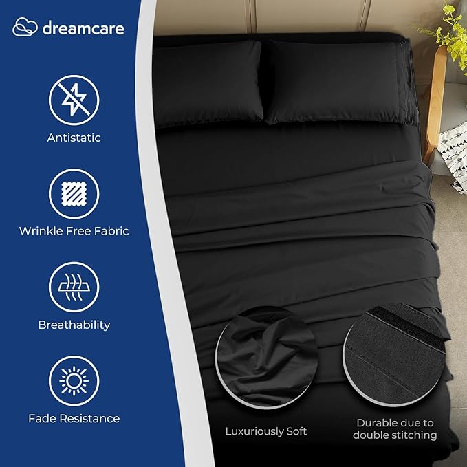 DREAMCARE California King Sheet Sets – 4 pcs Cooling Sheets – up to 21” Deep Cal King Sheets – Hotel Luxury Pillowcases – Superior Softness 100% Fine Microfiber with Side Pocket – Black