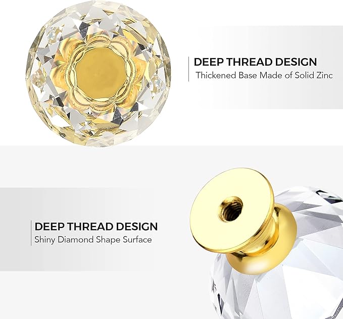 Ravinte 15 Pack Crystal Drawer Knobs - Glass Cabinet Knobs, Diamond Shaped, 30 mm with Gold Base