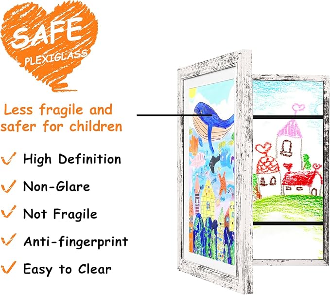 KINLINK A4 Kids Art Frame Set of 2, Solid Wood Kids Artwork Frames Changeable with Acrylic Front Opening Holds 150 Pictures 8.3x11.7, Art Frames for Kids Artwork with Mat or without Mat, Rustic White