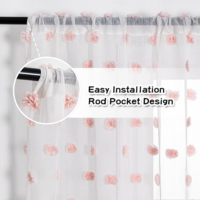 MYSKY HOME Large Pom Pom Curtains - 108 Inch Length, 2 Sets Semi Sheer Boho Curtains for Living Room, Dining Room, Baby Pink, Rod Pocket Backdrop Window Drapes, 37 x 108 inch