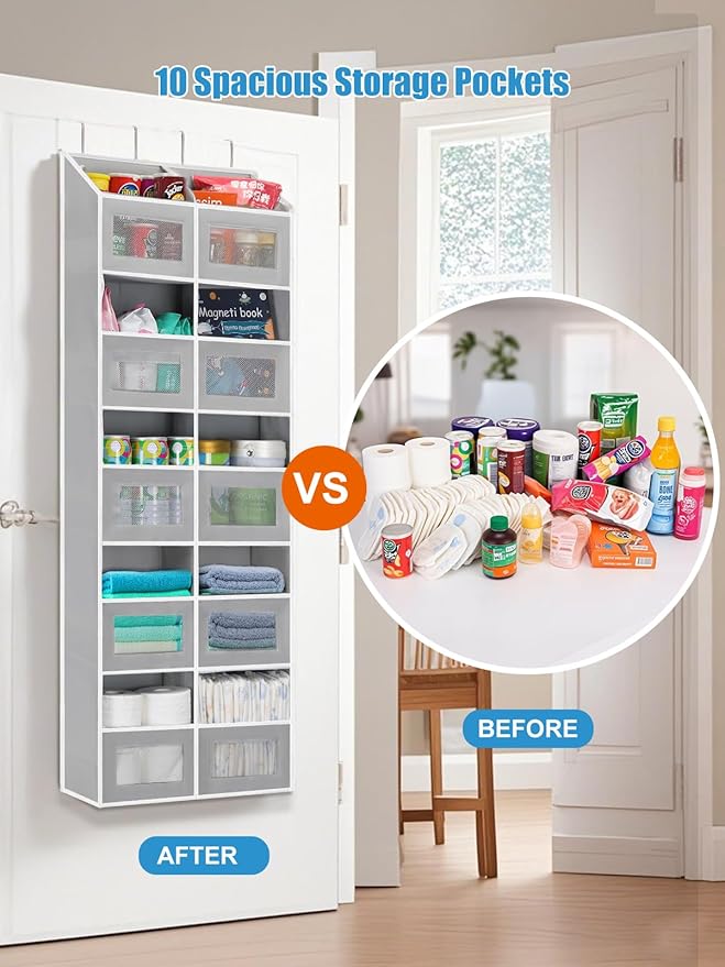 Over the Door Organizer - 10 Compartments, 80 lbs Load Behind Door Storage, Extra Large Hanging Storage Organization, Door Hanging Organizer for Bedroom, Bathroom, Nursery, Shoes, Diaper, Grey