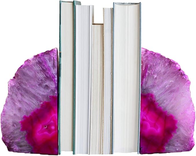 AMOYSTONE 2-3 Lbs Small Agate Bookends 1 Pair Natural Crystal Dyed Pink Decorative Book Stopper for Books Movies Cds