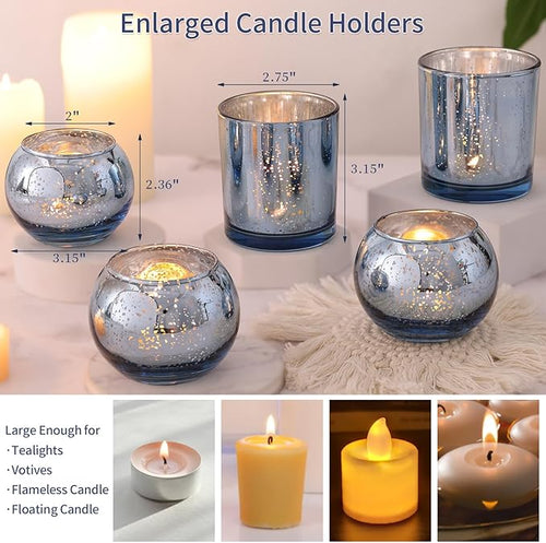 10 Pcs Assorted Blue Votive Candle Holders, Larger Size Mercury Glass Candle Holder, Blue Tea Light Candle Holders for Wedding Decorations, Centerpieces for Tables, Baby Shower