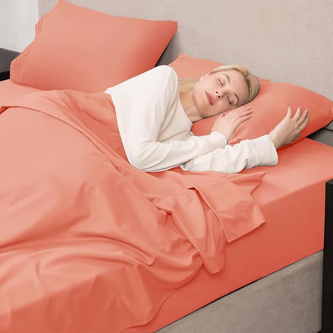Mejoroom Twin Sheet Set - Hotel Collection Twin Sheets - Bedding Sheets & Pillowcases with Deep Pocket Fitted Sheet, Breathable, Wrinkle & Fade Resistant - 3 Piece(Coral)