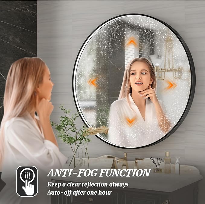 28 Inch Round LED Bathroom Mirror, Black Metal Framed Lighted Mirror for Bathroom, Wall Mouted LED Vanity Mirror with Lights, 3 Colors and Stepless Dimmable, Anti-Fog, Memory