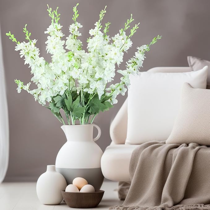 24 Pcs White Delphinium Artificial Flower 35.4'' Long Larkspur Stem White Fake Faux Silk Flowers Bulk for Tall Vase Floral Arrangements Home Centerpiece Table Wedding Decor