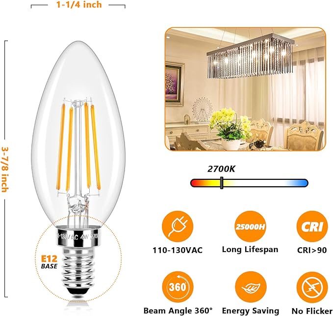 Dimmable E12 LED Candelabra Bulbs 40 Watt Equivalent, 4W Vintage Candle Light Bulbs, 470Lm Warm White 2700K B11 Edison Bulb, Filament Clear Glass Lamp Bulb for Chandelier Ceiling Fan (20 Packs)