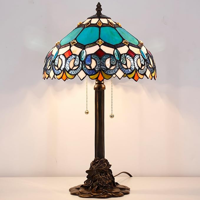 Tiffany Stained Glass Table Lamp 12X12X21Inch Resin Base Desk Bedroom Living Room Reading Light (Blue Jewelry Baroque)