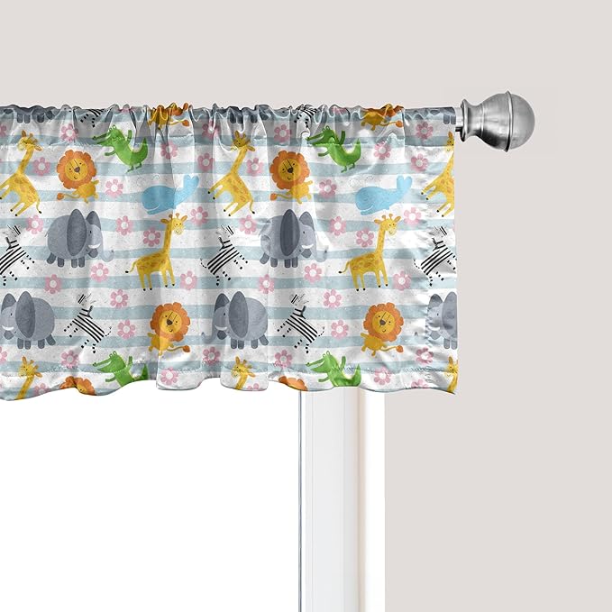 Ambesonne Savannah Window Valance, Friendly Zoo Animals with Happy Faces Cartoon Characters on Stripes Print, Curtain Valance for Kitchen Bedroom Decor with Rod Pocket, 42" x 18", Pale Azure Blue