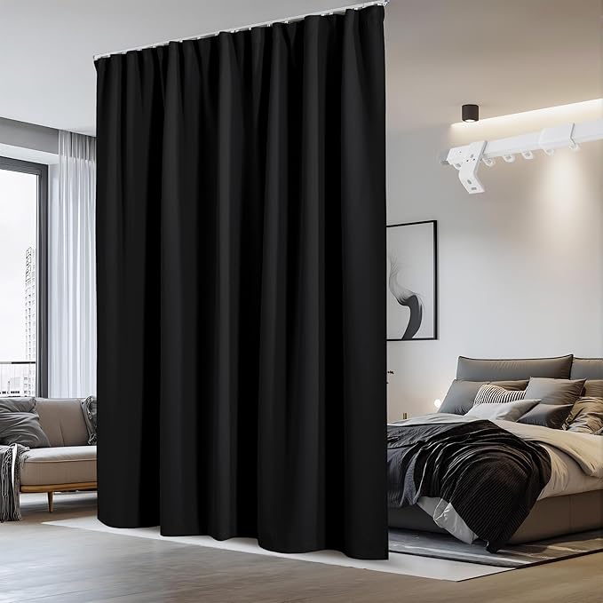 NICETOWN Room Divider Curtain with Adjustable Ceiling Track, W100 x L84 Blackout Curtain for Sliding Door, Ceiling Mouted Drape for Living Room/Hospital Divider, 1 Panel Black Drape, Whtie Track
