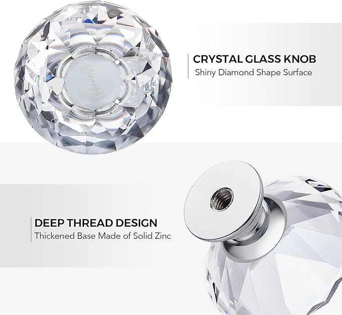 Ravinte 15 Pack Crystal Drawer Knobs - Glass Cabinet Knobs, Diamond Shaped, 30 mm, Silver Base