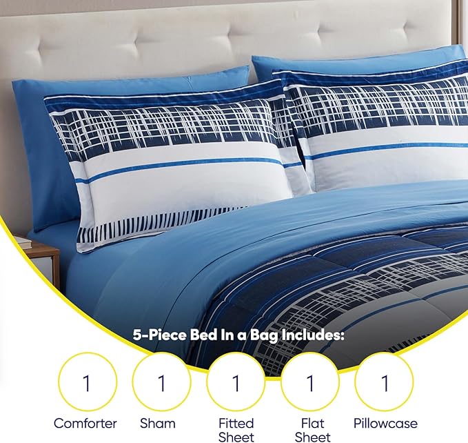 Sweet Home Collection 5 Piece Comforter Set Bag Solid Color All Season Soft Down Alternative Blanket & Luxurious Microfiber Bed Sheets, Mediterranean, Twin