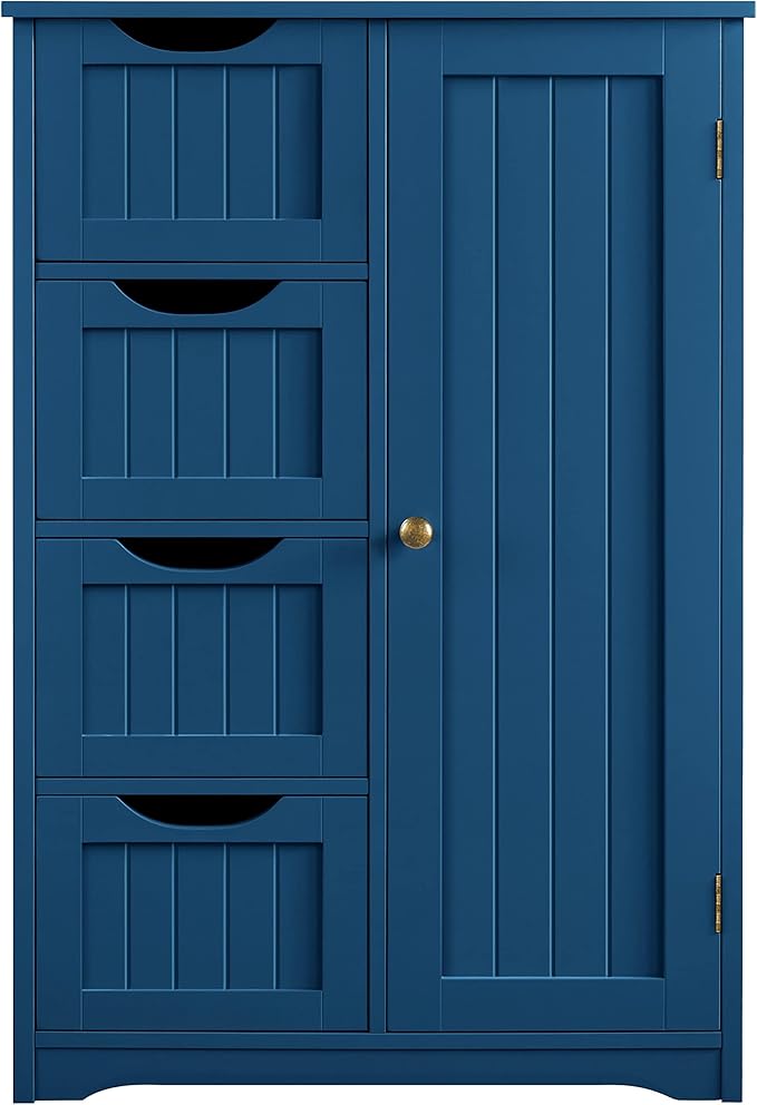 Yaheetech Wooden Bathroom Floor Cabinet, Side Storage Organizer Cabinet with 4 Drawers and 1 Cupboard, Freestanding Entryway Storage Unit Console Table, Bathroom Furniture Home Decor, Navy Blue