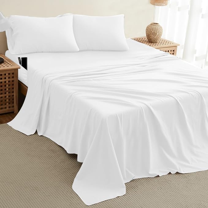 DREAMCARE Queen Size Sheets - Cooling Bed Sheets - 4pcs Set - up to 15" Deep Pocket Queen Sheet Set - Sheets Queen Size Bed - Soft & Long Lasting 100% Fine Brushed Polyester with Side Pocket - White