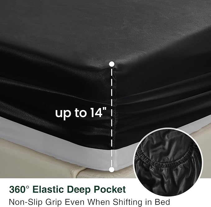 Love's cabin California King Satin Sheet Sets - 4 Piece Black Silky Sheets Bed Set with Deep Pocket, Luxury Silk Feel Satin Cal King Sheet Set (1 Flat Sheet,1 Fitted Sheet,2 Pillow Cases)