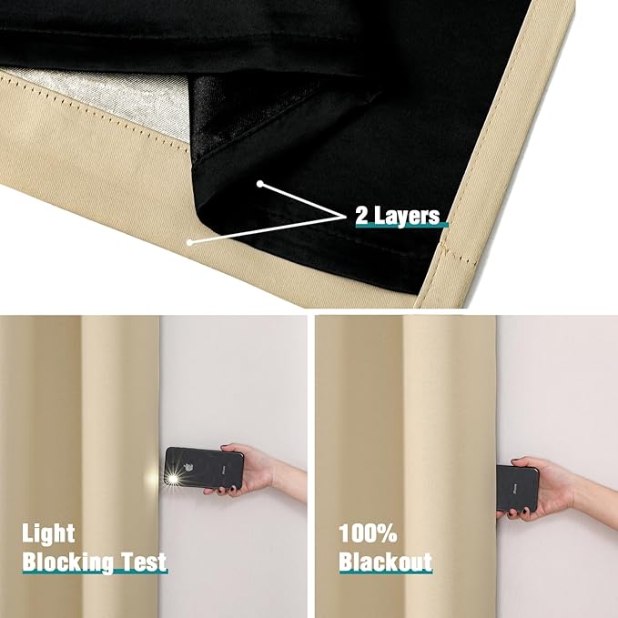 ChrisDowa 100% Blackout Curtains 72 inch Long for Bedroom with Black Liner, 2 Thick Layers Total Blackout Thermal Insulated Grommet Window Curtains 2 Panels Set (Beige, 42 x 72 Inch)