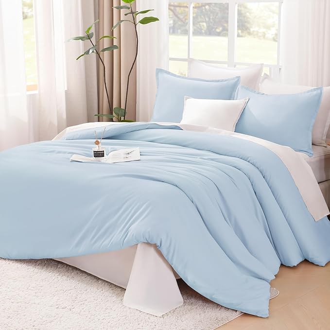 Litanika Comforters Light Blue King Size, 3 Pieces Lightweight Solid Bedding Comforter Set, All Season Fluffy Bed Set (104x90In Comforter & 2 Pillowcases)