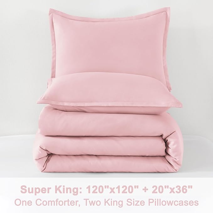 Litanika Comforters Pink Super King Size, 3 Pieces Lightweight Solid Bedding Set & Collections, All Season Fluffy Bed Set (120x120In Comforter & 2 Pillowcases)