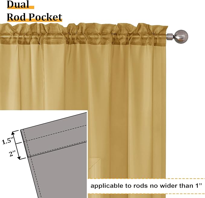 Aiyufeng Gold Sheer Curtain 96 Inches Long 2 Panels Set, Light Filtering Gold Window Curtain Drapes Treatment for Kitchen, Bedroom,Children Room, Dual Rod Pocket, 2 Pack of 42 x 96"