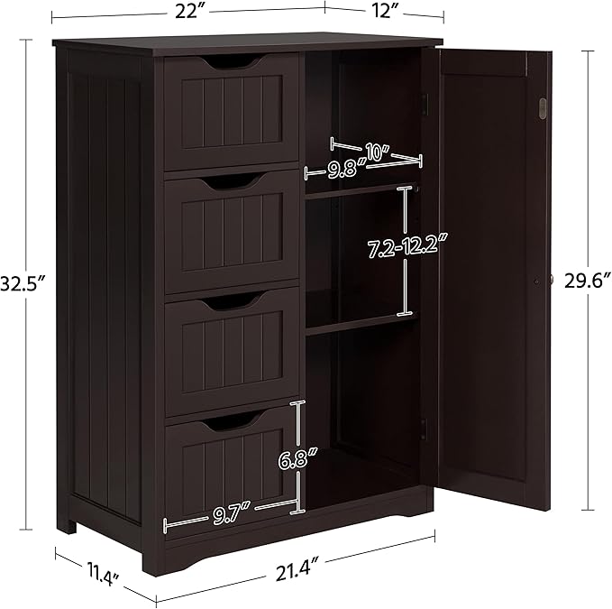 Yaheetech Wooden Bathroom Floor Cabinet, Side Storage Organizer Cabinet with 4 Drawers and 1 Cupboard, Freestanding Entryway Storage Unit Console Table, Home Decor Furniture, Brown