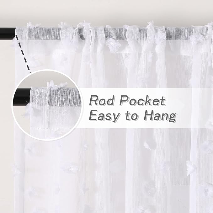 MYSKY HOME White Sheer Short Curtains with Pom Pom for Small Windows Bedroom Nursery Kids Girls Room Curtains Cafe Kitchen Light Filtering Boho Drapes, Rod Pocket,38 x 45 Inches, 2 Panels