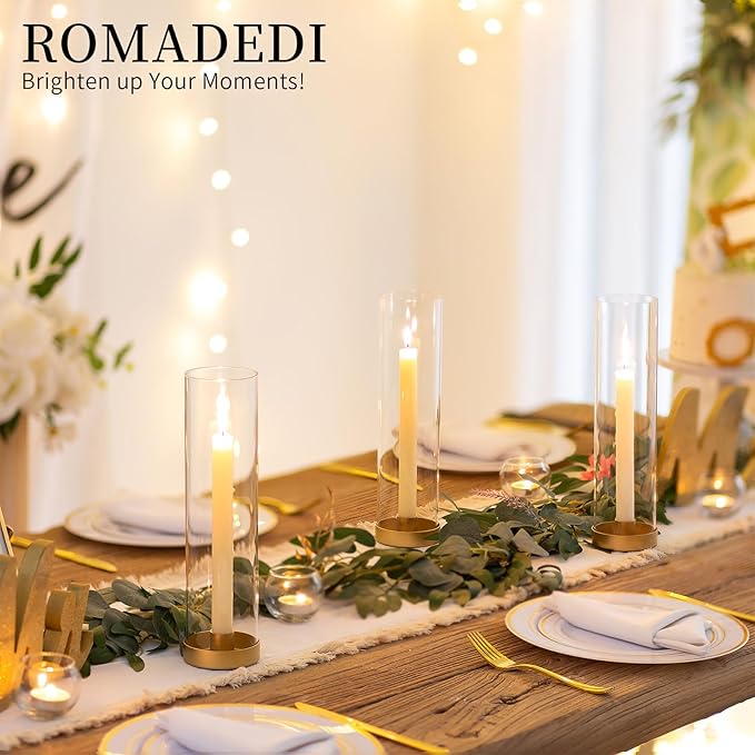 Romadedi Glass Hurricane Candle Holders Gold - 12 Inch Taper Candlestick Holder Bulk Clear Glass Cylinder Table Centerpiece Wedding Decor Party Birthday Christmas Home Decorations, Set of 6