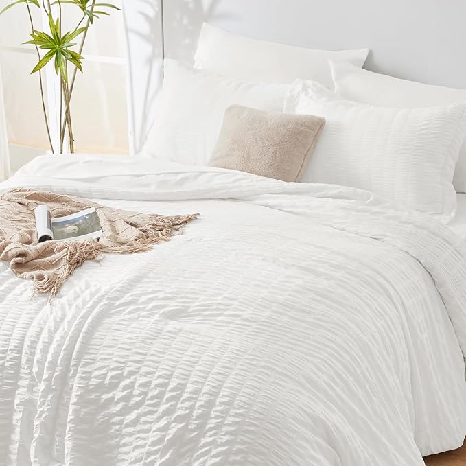 CozyLux King Size Comforter Set White Seersucker 7 Pieces Bed in a Bag King Comforter Set with Sheets, Luxury Soft Bedding Set with Down Alternative Comforter, Sheets, Pillowcases & Shams All Seasons