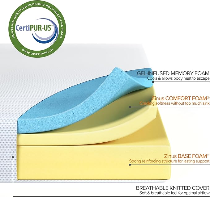 ZINUS 6 Inch Green Tea Cooling Gel Memory Foam Mattress, Short Queen, Fiberglass Free, Cooling Gel Foam, Pressure Relieving, CertiPUR-US Certified, Mattress in A Box, White