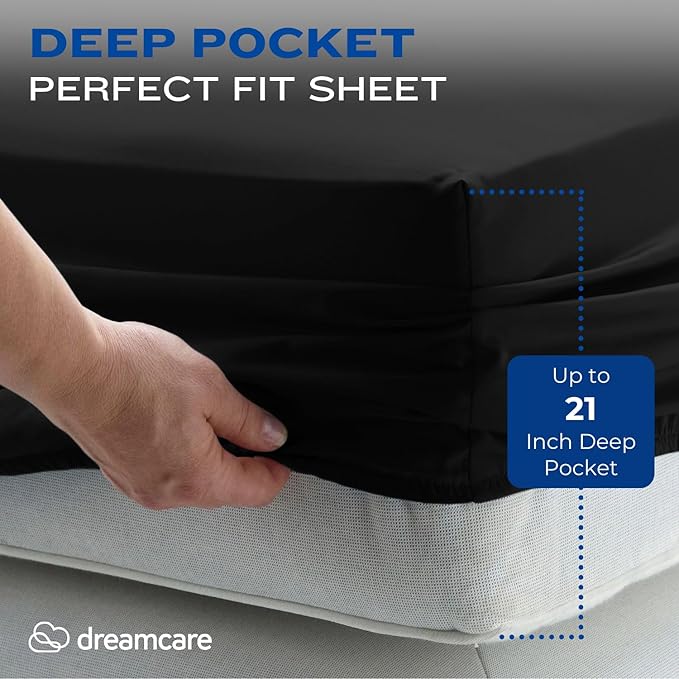 DREAMCARE Twin XL Sheet Sets - 4pc Cooling Sheets XL Twin Sheets - Twin XL up to 21” Deep Pocket – Hotel Luxury Extra Long 100% Brushed Microfiber with Side Pocket - Black