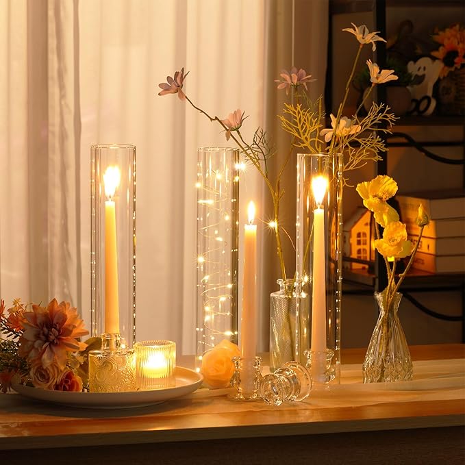 24 Set Christmas Glass Hurricane Candle Holders 12.6" Open Ended Glass Candleholder Tube Shape Bottomless and 2.2" Taper Clear Candlestick Holders for Wedding Party Table Centerpiece (Clear)