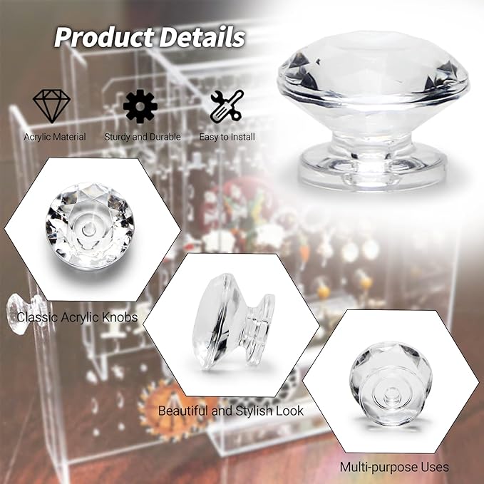 MroMax 12Pcs Tiny Pull Handle Diamond Acrylic Mini Knob 19mm Diameter Clear Shiny Diamond Shaped Knobs for Jewelry Box, Gift Case and Makeup Box