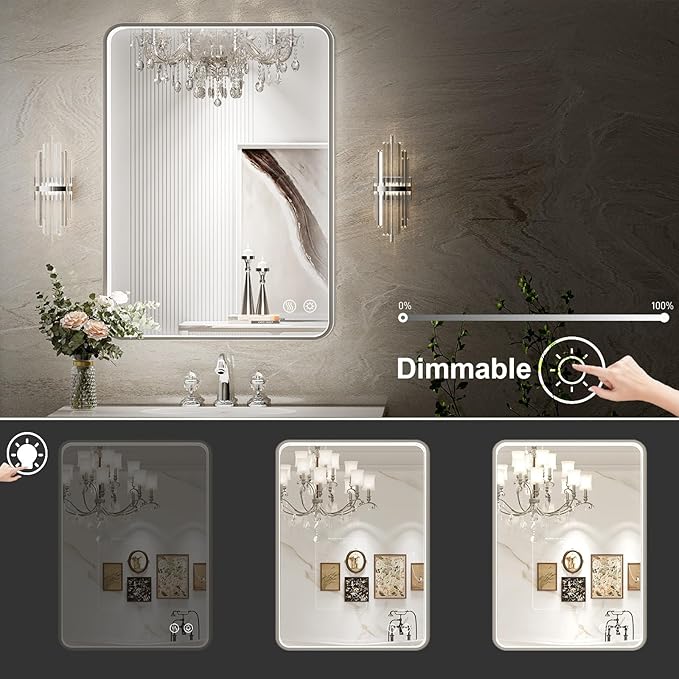 28x36 Inch LED Mirror for Bathroom,Brushed Sliver Metal Frame Lighted Vanity Mirror, Anti Fog Stepless Dimmable,Wall Mounted(Horizontal/Vertical)