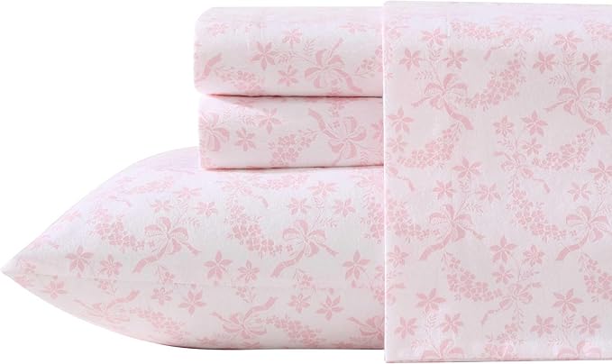 Laura Ashley - Flannel Sheets Full Size, Anti-Pilling & Wrinkle Resistant Cotton, Touchably Soft for All-Season Comfort - Bed Sheets with Matching Pillowcases & Fitted Sheet (Antoinette Pink)