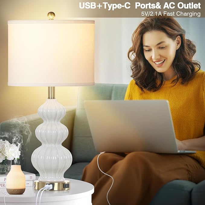 Modern White Table Lamps Set of 2 - Bedside Lamps for Night Stands, 26" Triple Gourd Ceramic Lamps for Living Room with USB A+C Ports & AC Outlet,3 Way Touch Lamps for Bedroom (LED Bulbs Included)