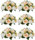 NUPTIO 6 Pieces Champagne White Fake Flower Ball Arrangement Bouquet 15 Heads Plastic Roses with Base, Suitable for Wedding Centerpiece Flower Rack for Parties Home Décor