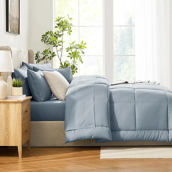 CozyLux Full Size Comforter Sets Grayish Blue, 7 Pieces Bed in a Bag, Blue Comforter Full Size, All Season Bedding Sets with Stitch Quilted Comforter, Flat Sheet, Fitted Sheet, Pillowcases