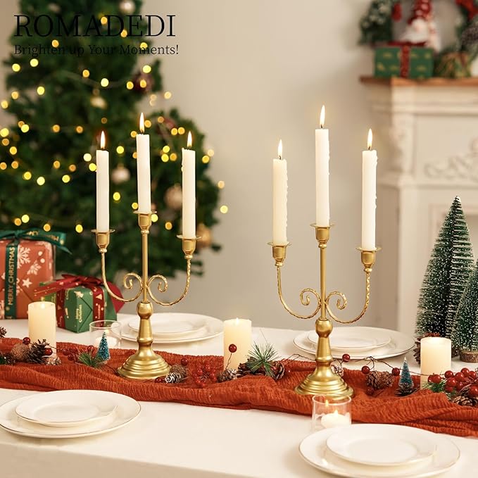 Romadedi Candelabra Gold Candle Holders - 3 Arm 11.8" Wedding Candlestick Holder for Theme Party Table Centerpiece Decor Dining Room Birthday Holiday Christmas, Set of 2