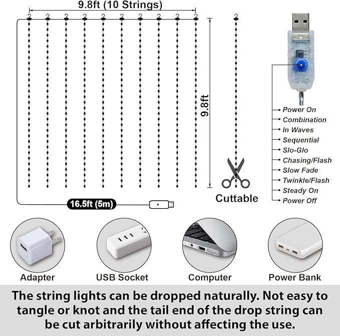 HXWEIYE 300LED Fairy Curtain Lights, 9.8x9.8Ft USB Plug-in 8 Modes Christmas String Hanging Lights with Remote for Bedroom Backdrop Wedding Party Indoor Wall Decor, Blue, Tangle-Free