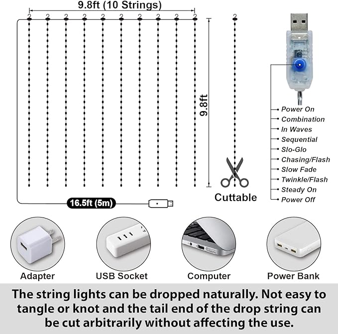 HXWEIYE 300LED Fairy Curtain Lights, 9.8x9.8Ft USB Plug-in 8 Modes Christmas String Hanging Lights with Remote for Bedroom Backdrop Wedding Party Indoor Wall Decor, Warm White, Tangle-Free